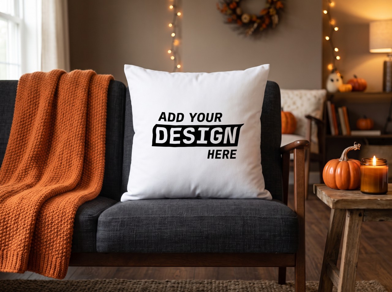 White Throw Pillow Halloween Mockup on a Charcoal Sofa with an Orange Knit Throw