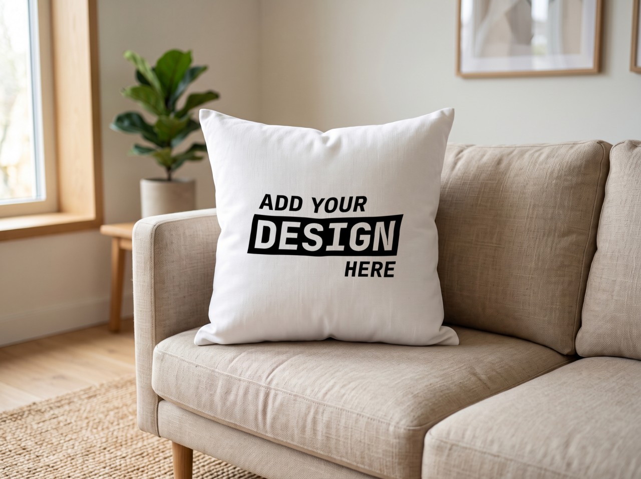 White Throw Pillow Mockup on a Linen Sofa