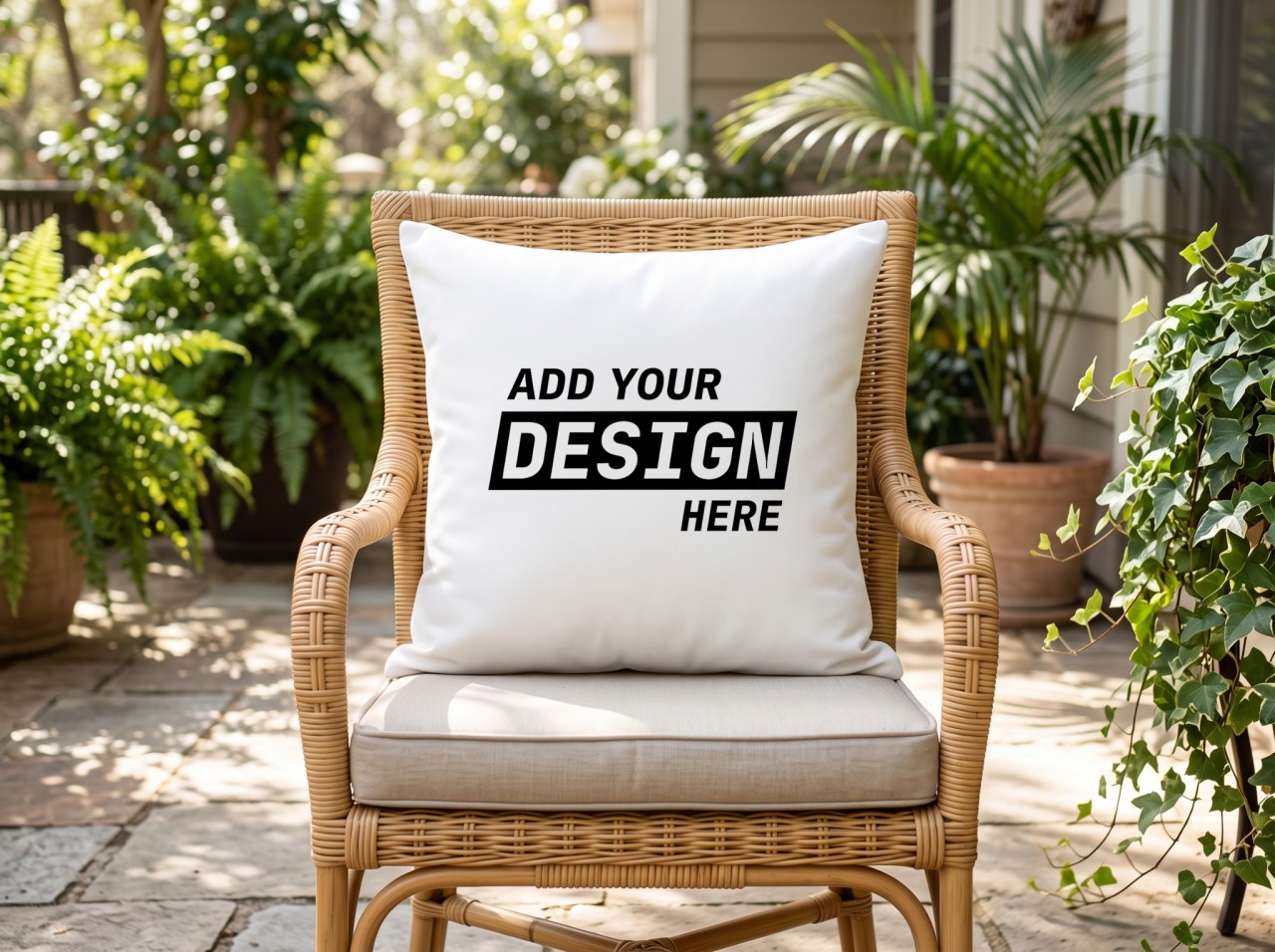 White Throw Pillow Mockup on a Rattan Chair on a Patio