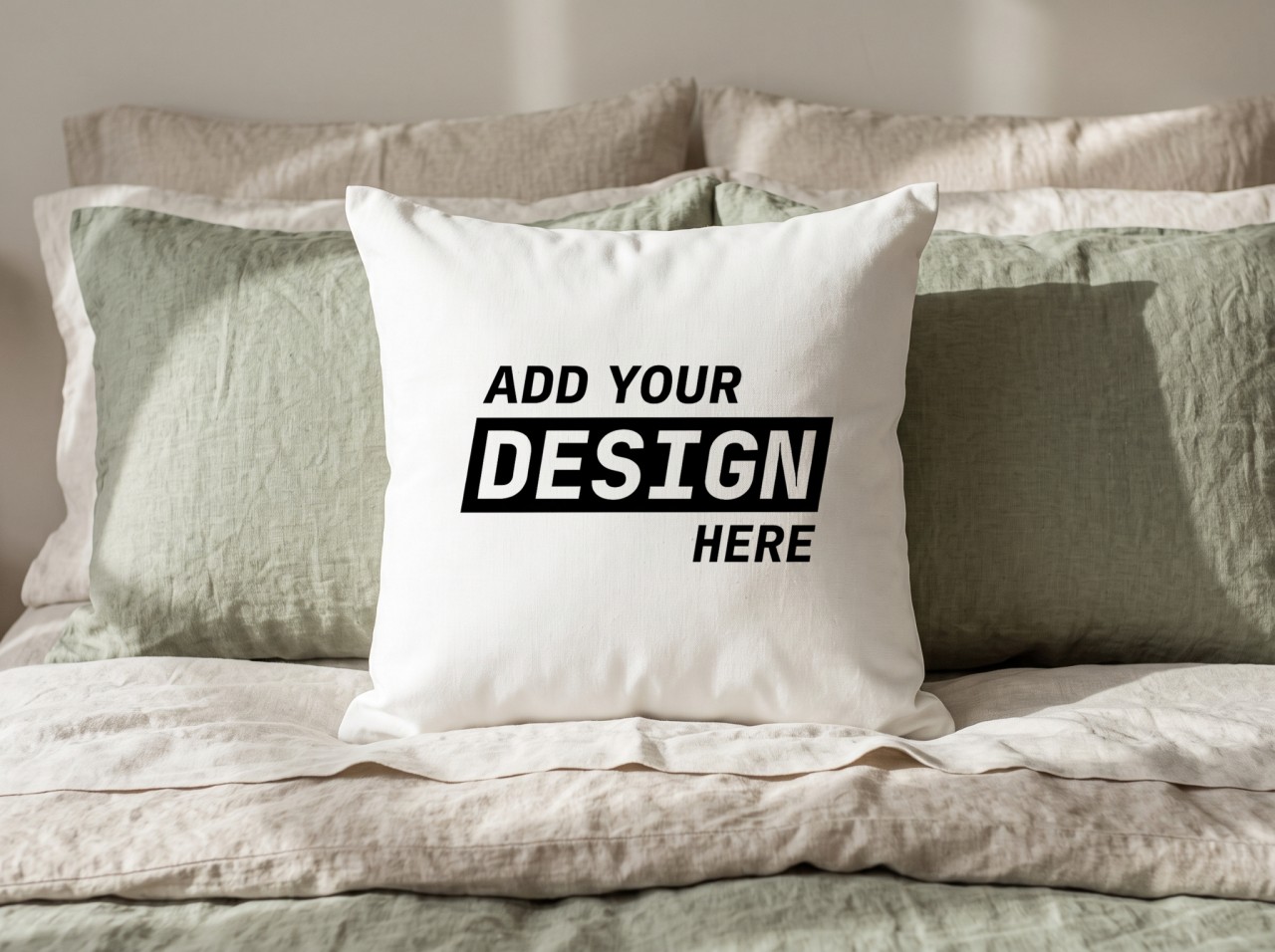 White Throw Pillow Mockup on a Bed with Sage Linen