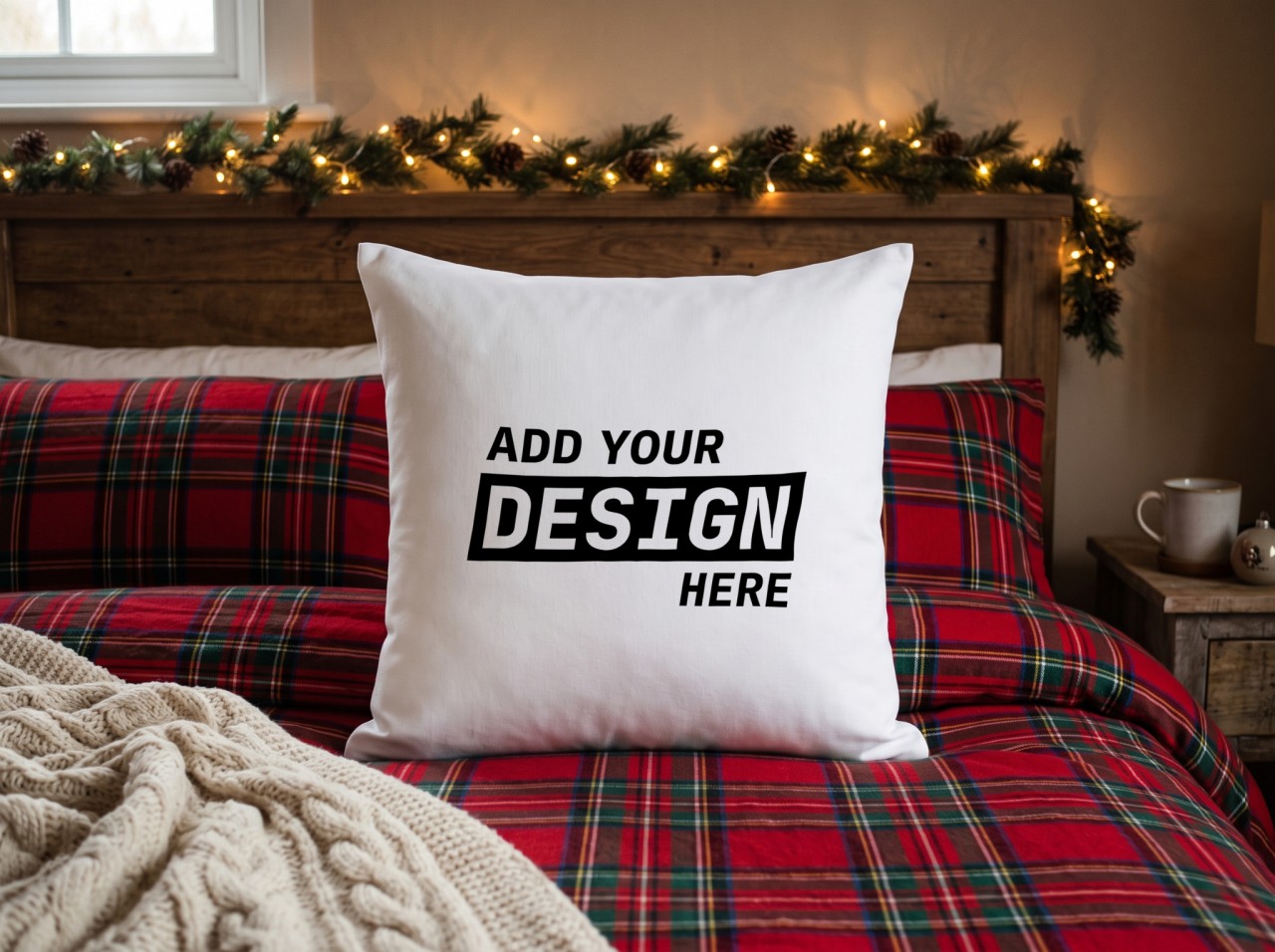White Throw Pillow Christmas Mockup on a Tartan Bed with a Lit Garland