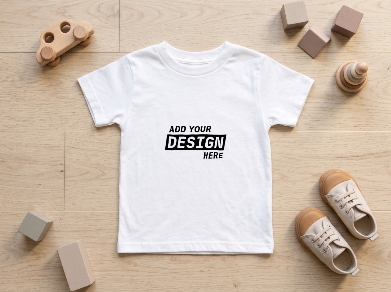 White Toddler T-Shirt Mockup Flat Lay with Wooden Toys