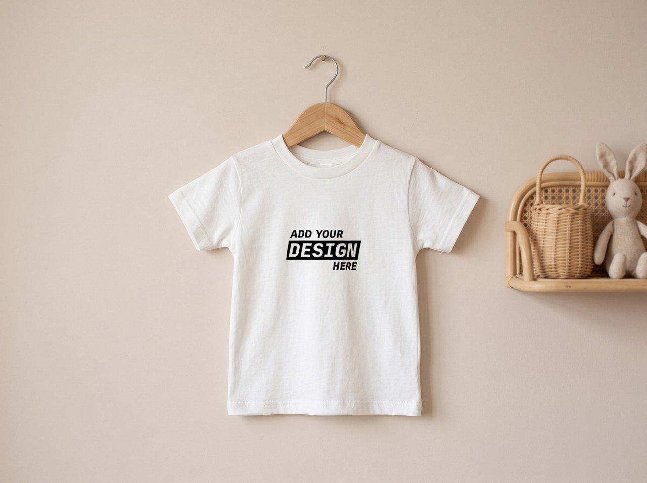 White Toddler T-Shirt Mockup on a Hanger by a Nursery Wall