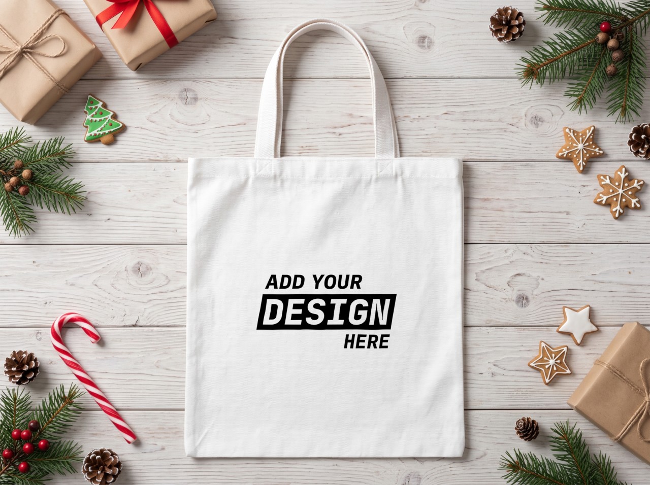White Tote Bag Christmas Mockup Flat Lay with Gingerbread and Candy Canes