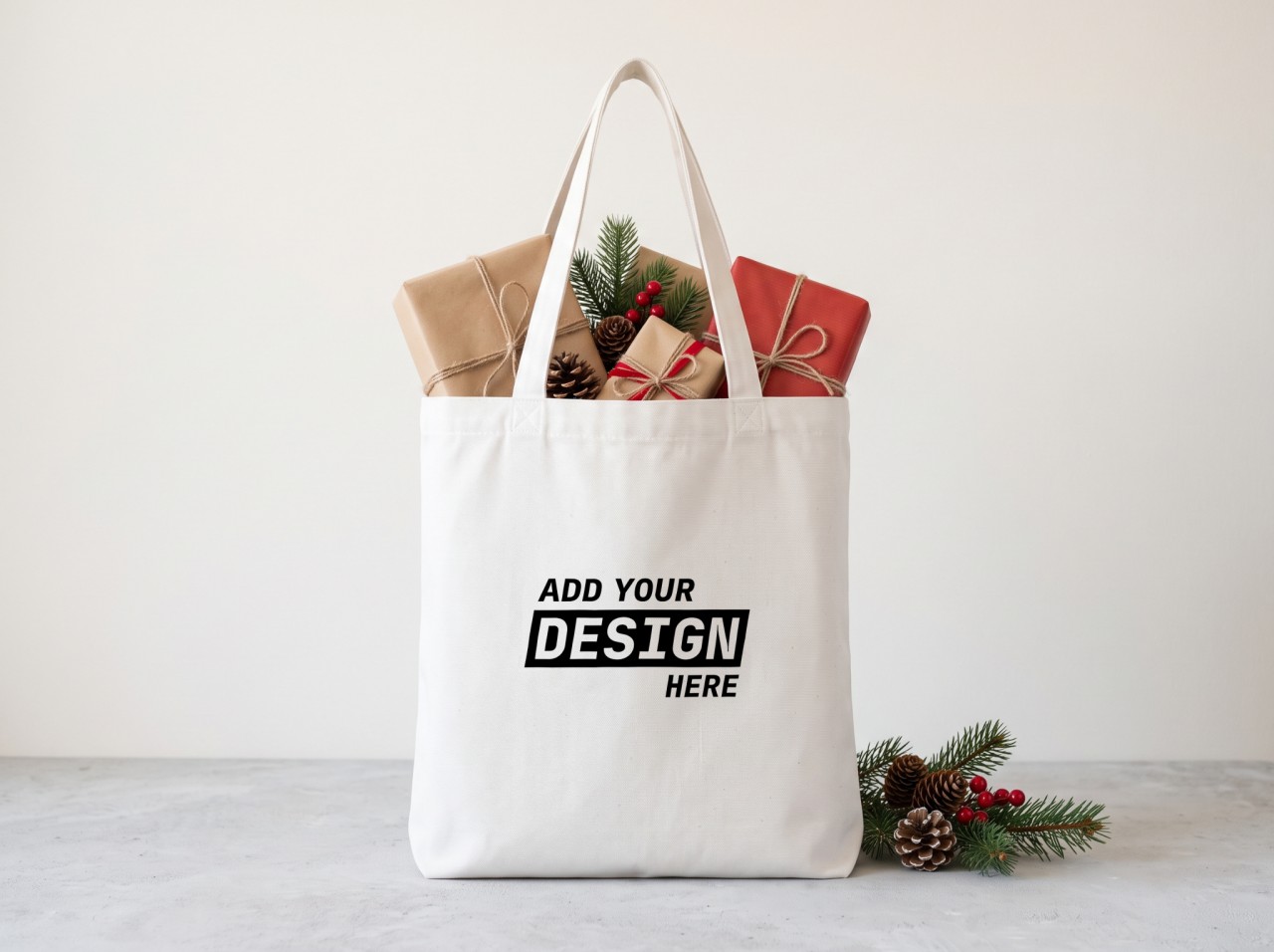 White Tote Bag Christmas Mockup Filled with Wrapped Gifts