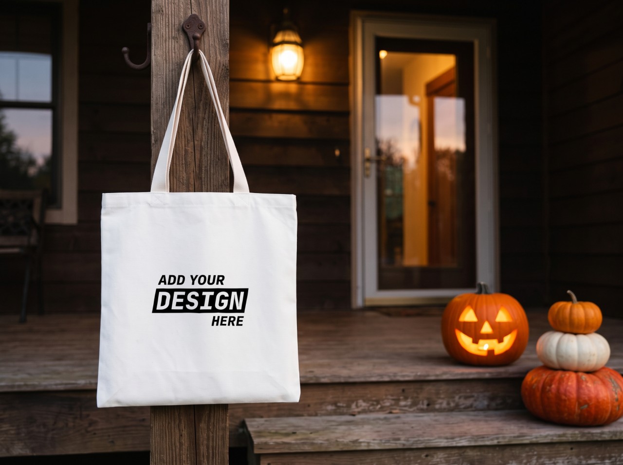White Tote Bag Halloween Mockup on a Porch with a Jack-o'-Lantern