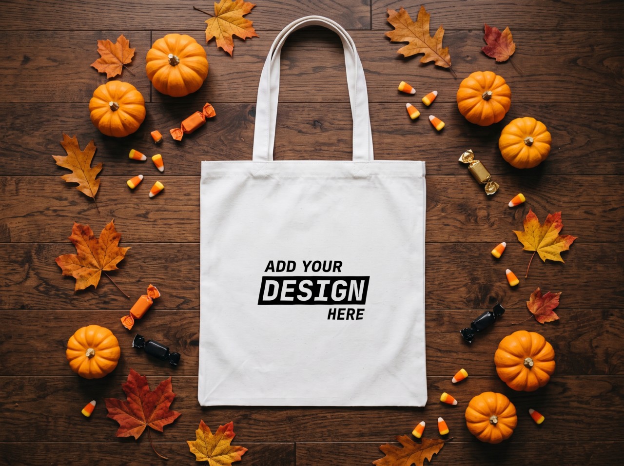 White Trick-or-Treat Tote Bag Halloween Mockup with Candy and Pumpkins