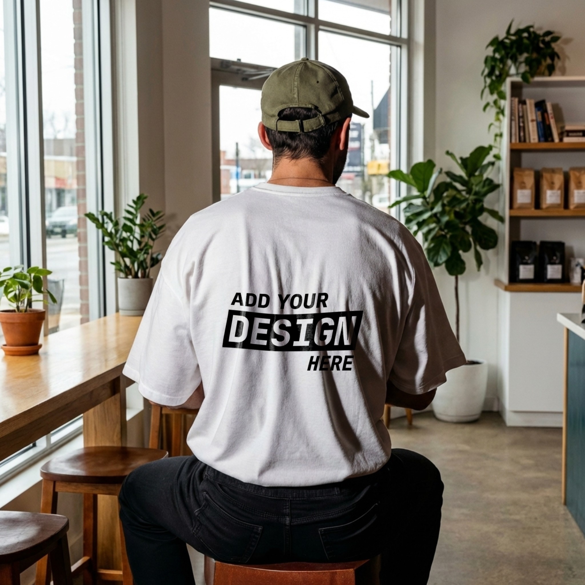 White T-Shirt Mockup Back Print in Coffee Shop