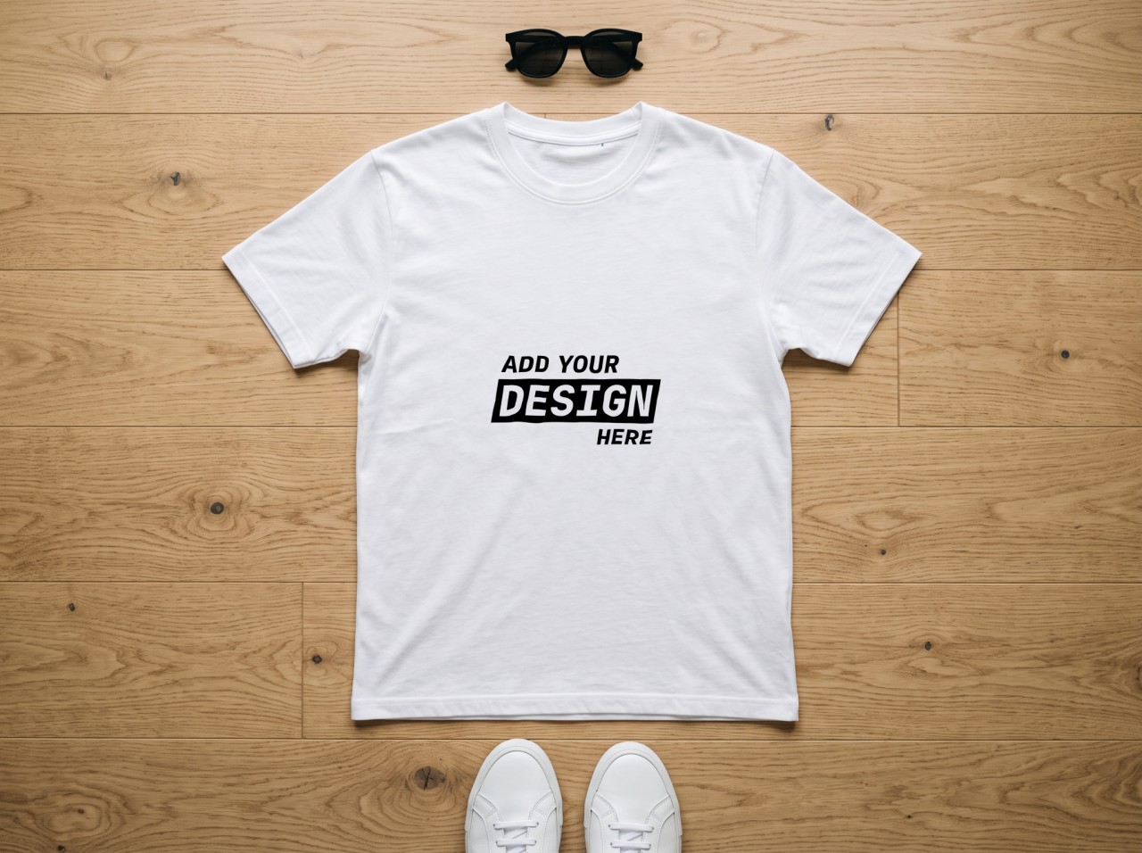 White T-Shirt Flat Lay Mockup on an Oak Floor