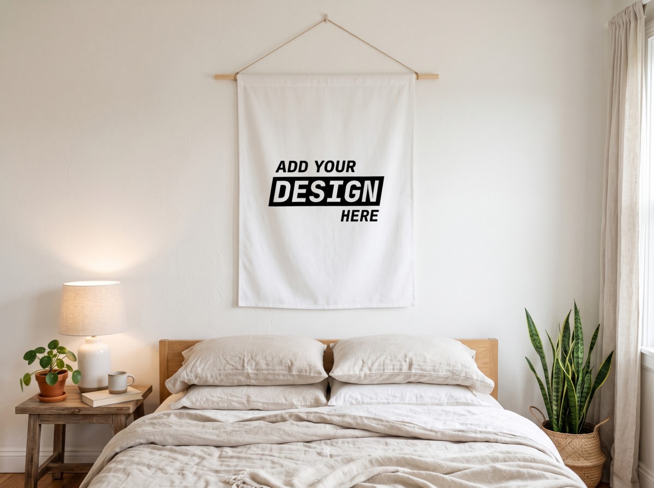 White Wall Tapestry Mockup on a Wooden Dowel Above a Bed