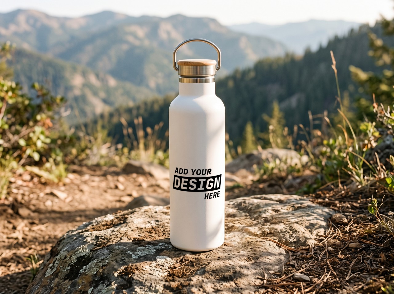 White Water Bottle with Bamboo Lid Mockup on a Mountain Trail