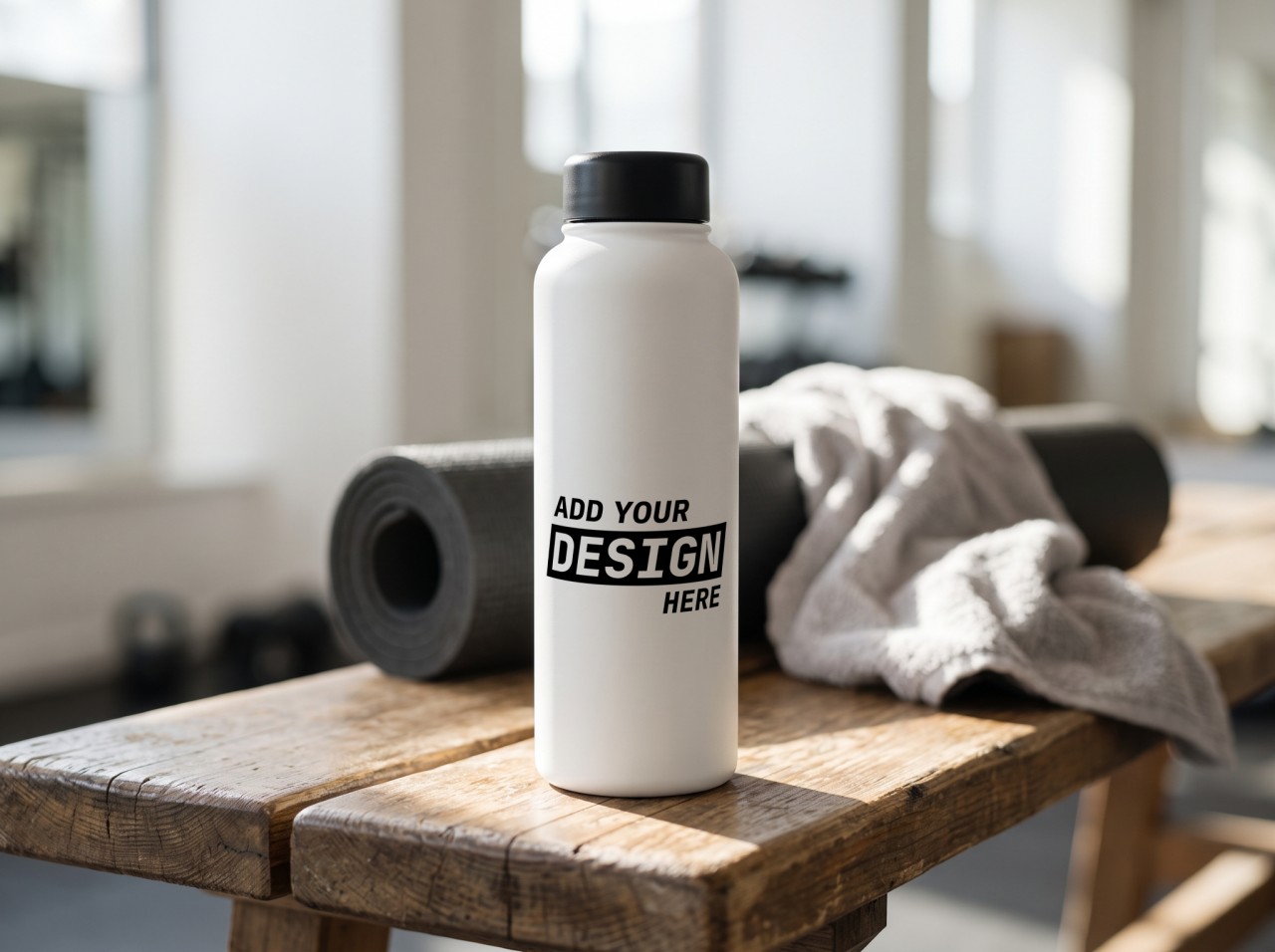 White Water Bottle Mockup on a Gym Bench