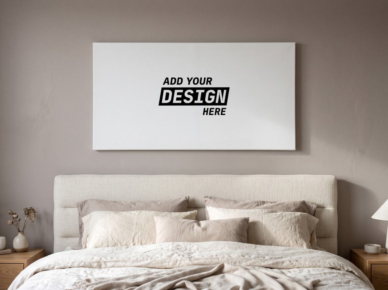 White Wide Canvas Mockup above a Bed with a Taupe Wall