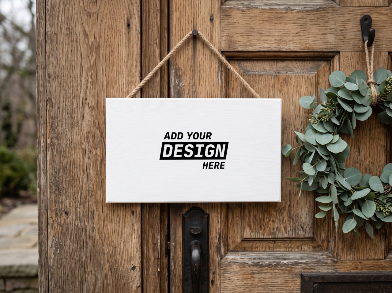 White Wooden Sign Mockup on a Rustic Door with a Wreath