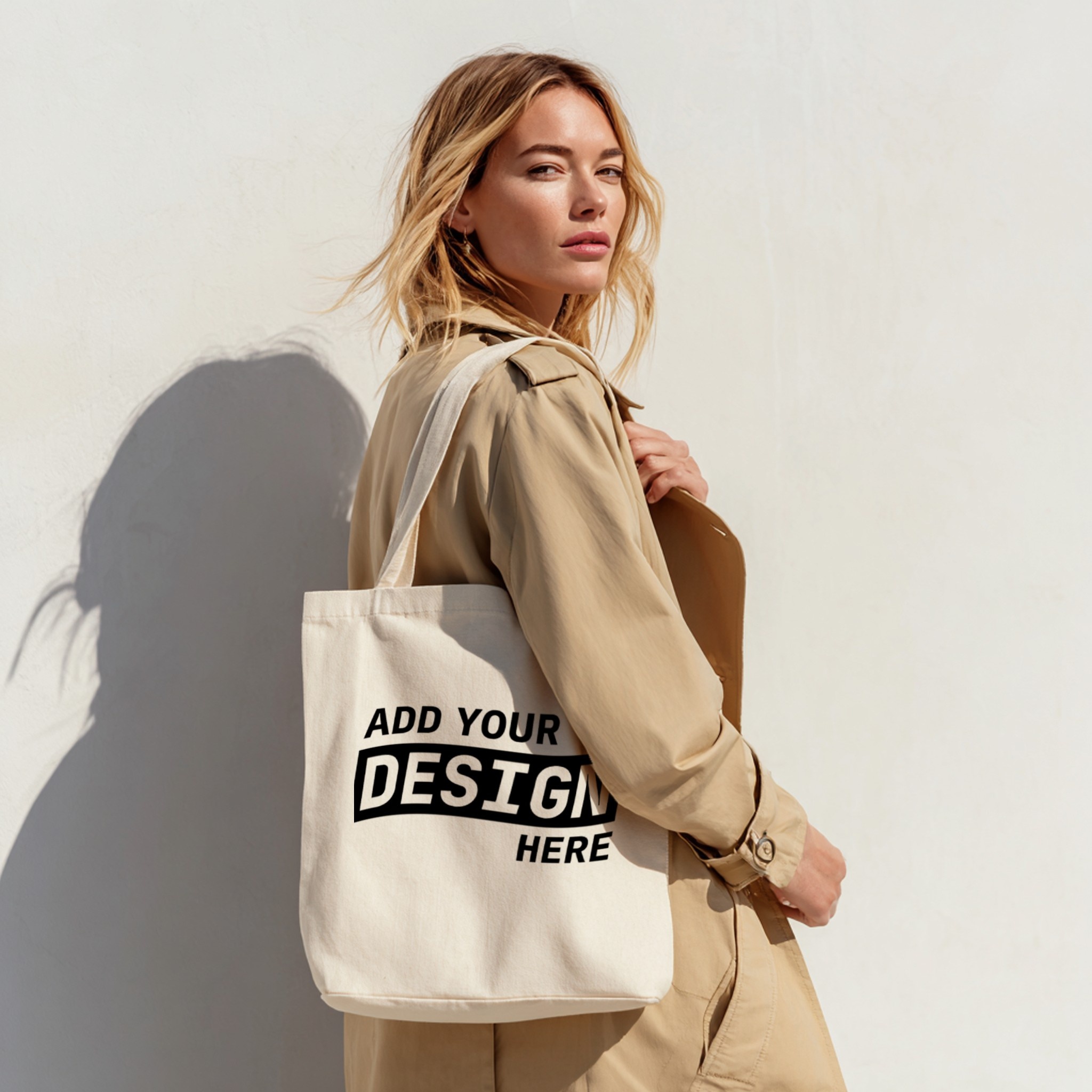 Tote Bag Mockup on Woman in Beige Coat