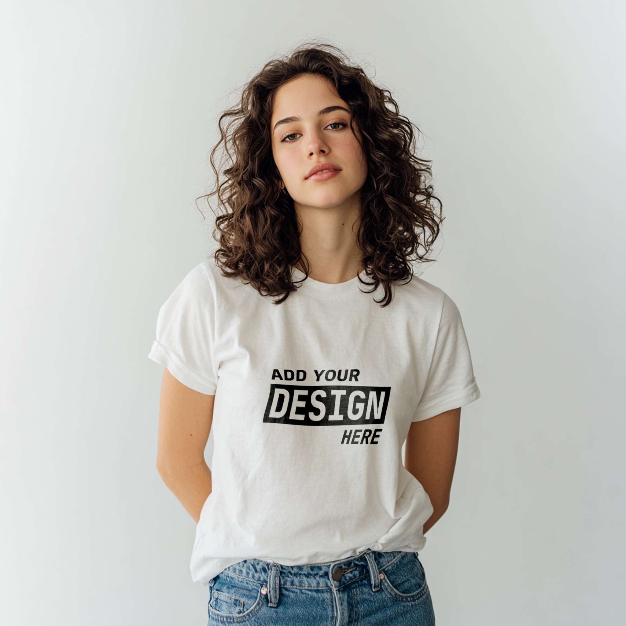 White T-Shirt Mockup on Woman in Studio
