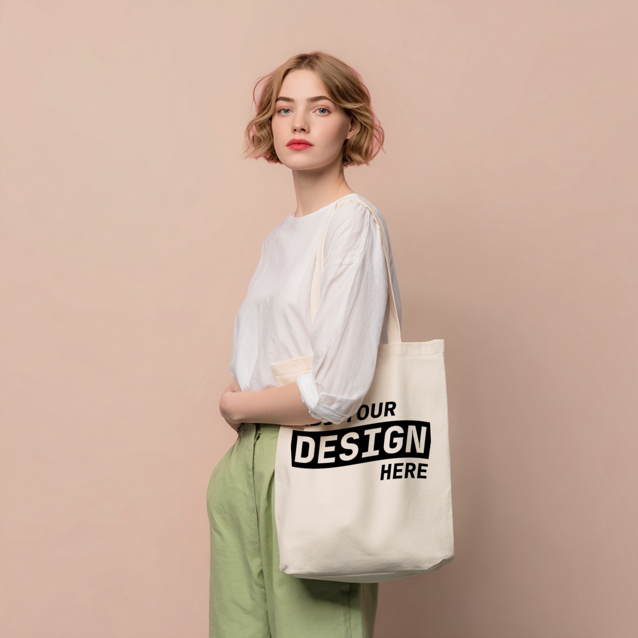 Tote Bag Mockup on Woman in Studio
