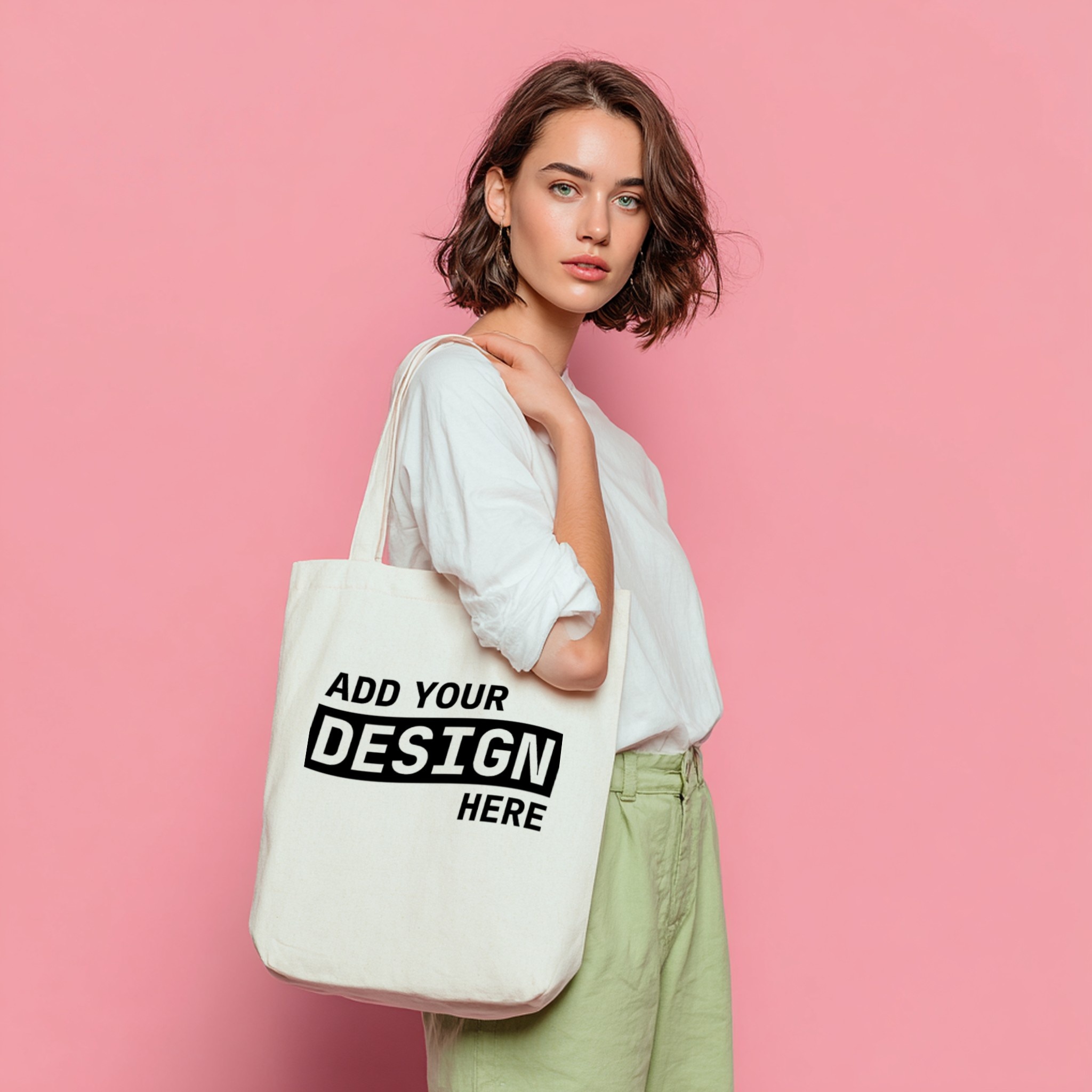 Tote Bag Mockup on Woman Pink Studio Background