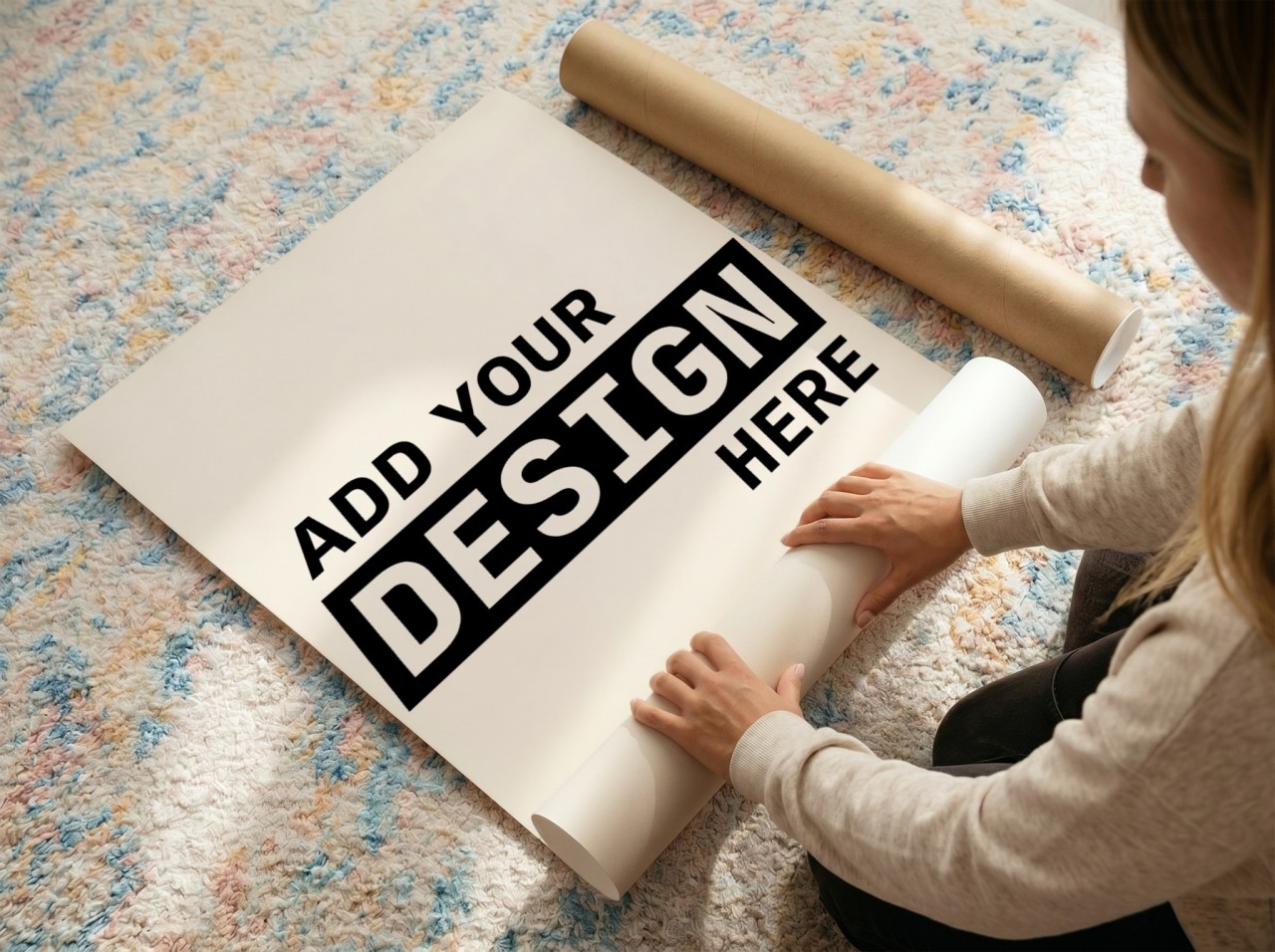 Woman Unrolling Poster on Colourful Rug