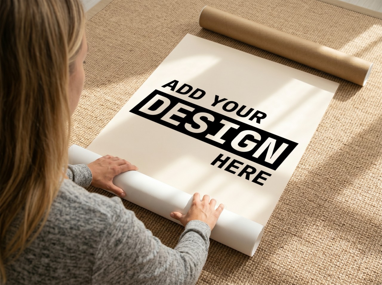 Woman Unrolling Poster on Jute Rug