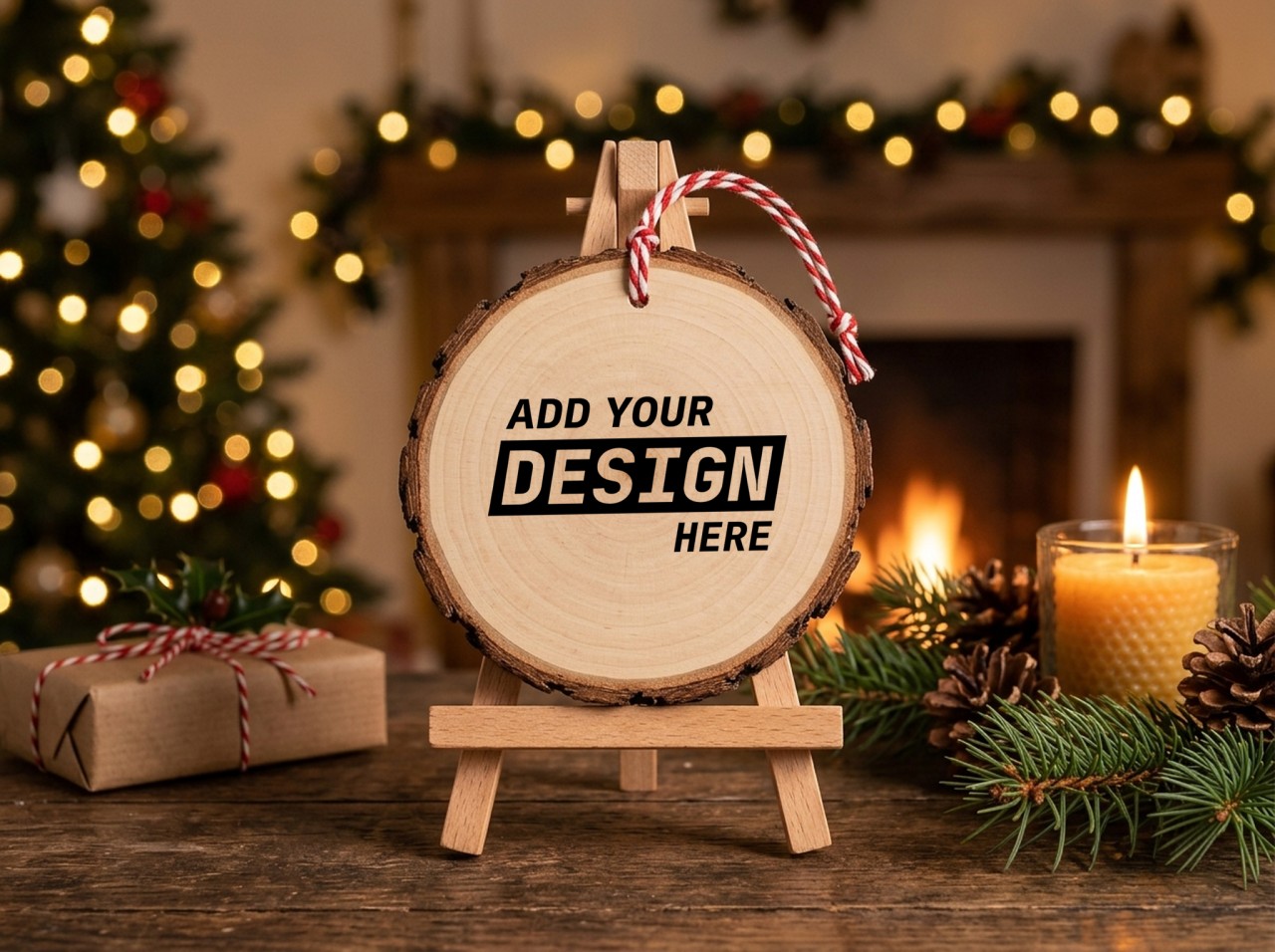 Wood Slice Christmas Ornament Mockup on an Easel by the Fireplace