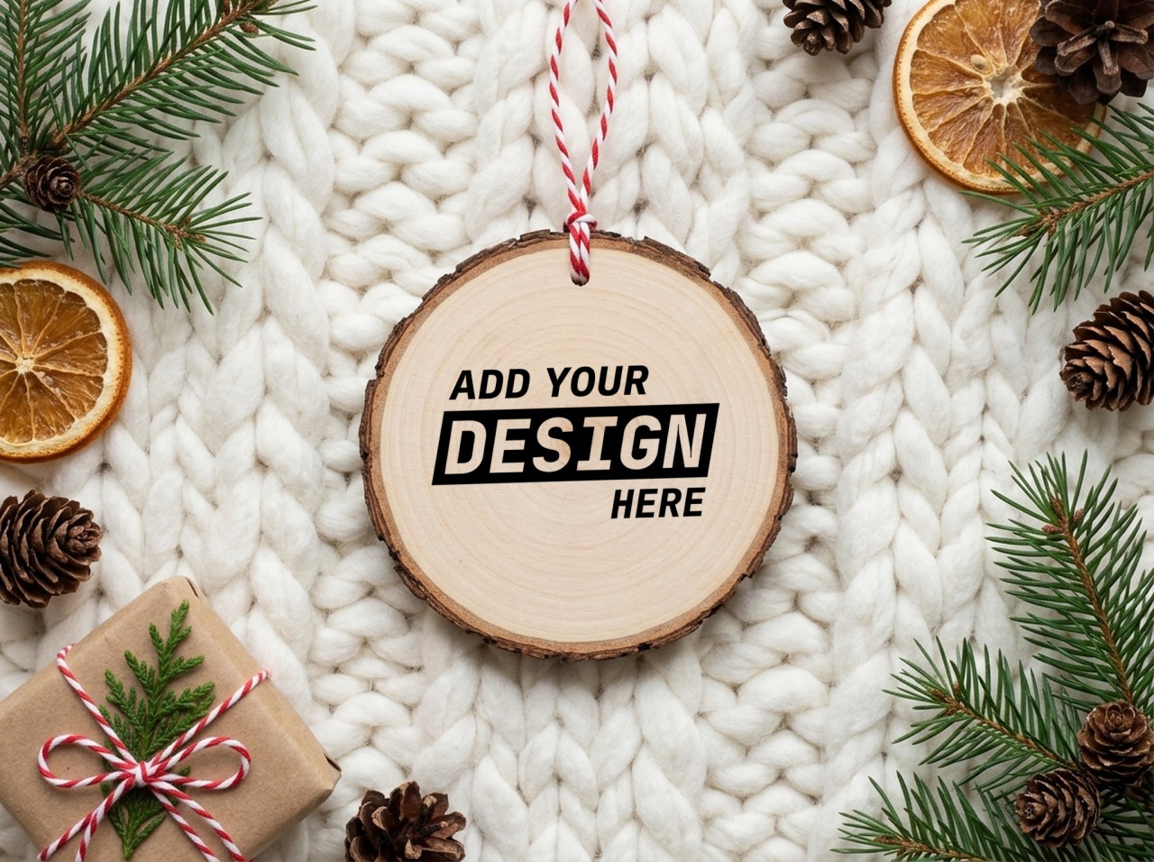 Wood Slice Christmas Ornament Mockup Flat Lay on a Chunky Knit