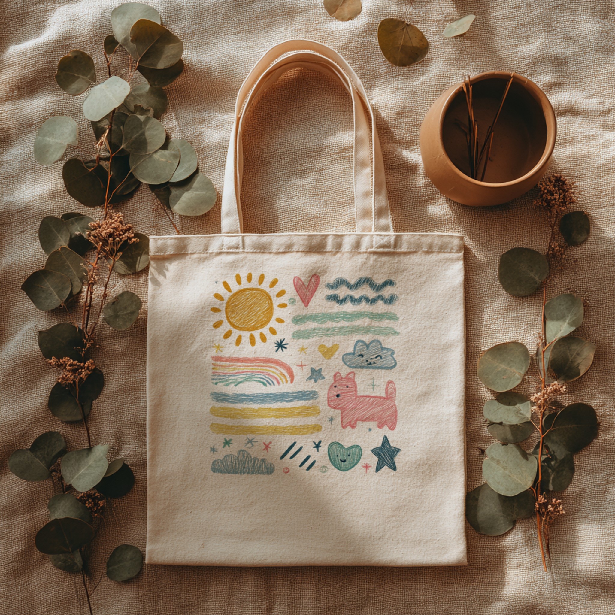 Custom printed tote bag, botanical flower leaves flat lay — Scaylr mockup