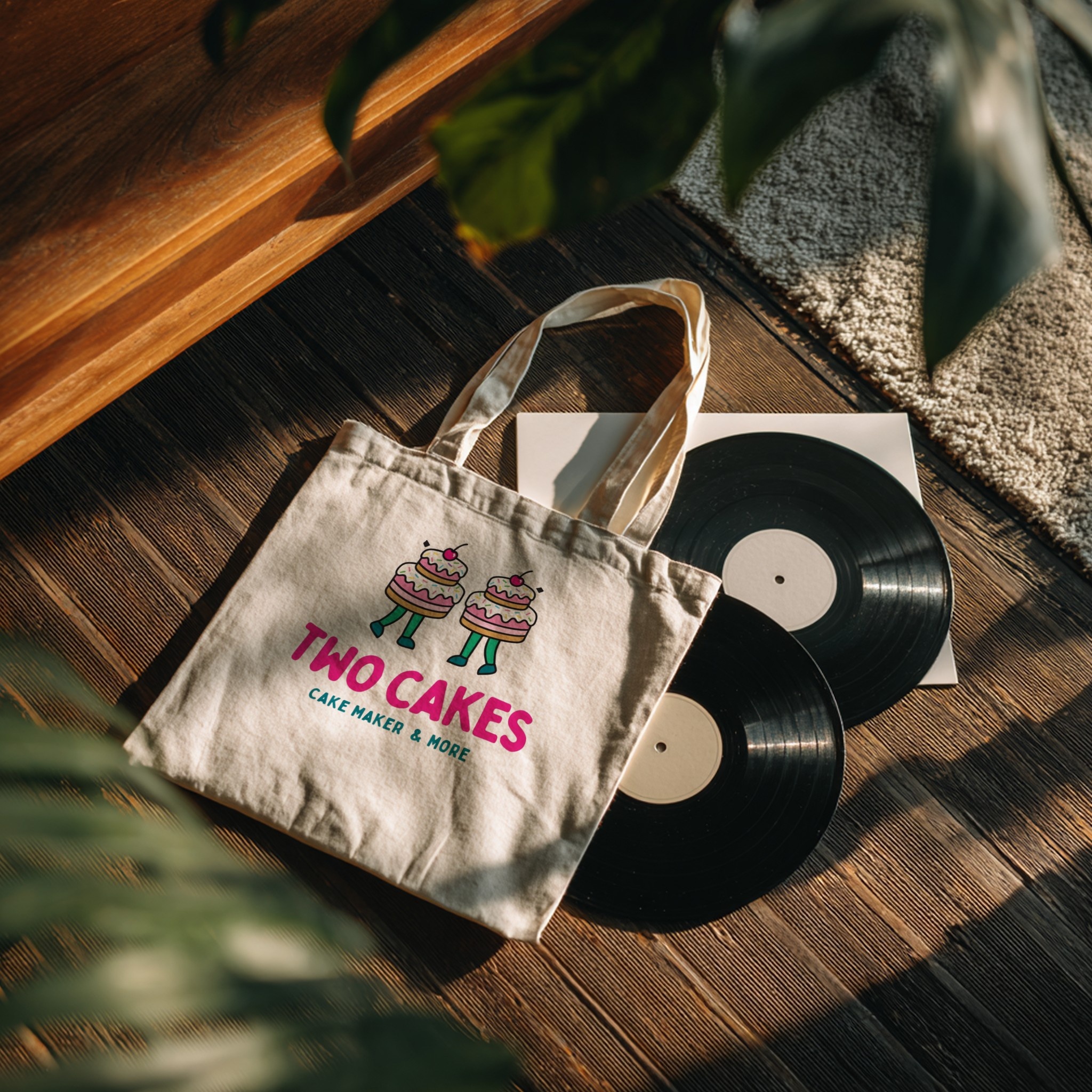 Tote Bag Mockup Flat Lay with Vinyl Records example