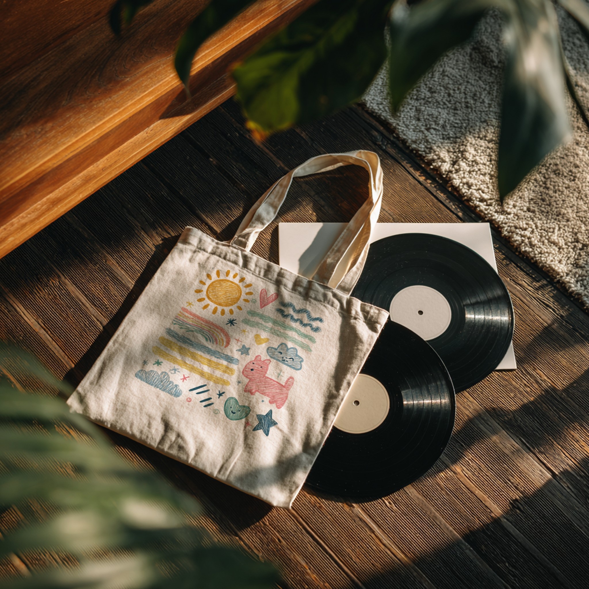 Custom printed tote bag with vinyl records, retro music scene — Scaylr mockup