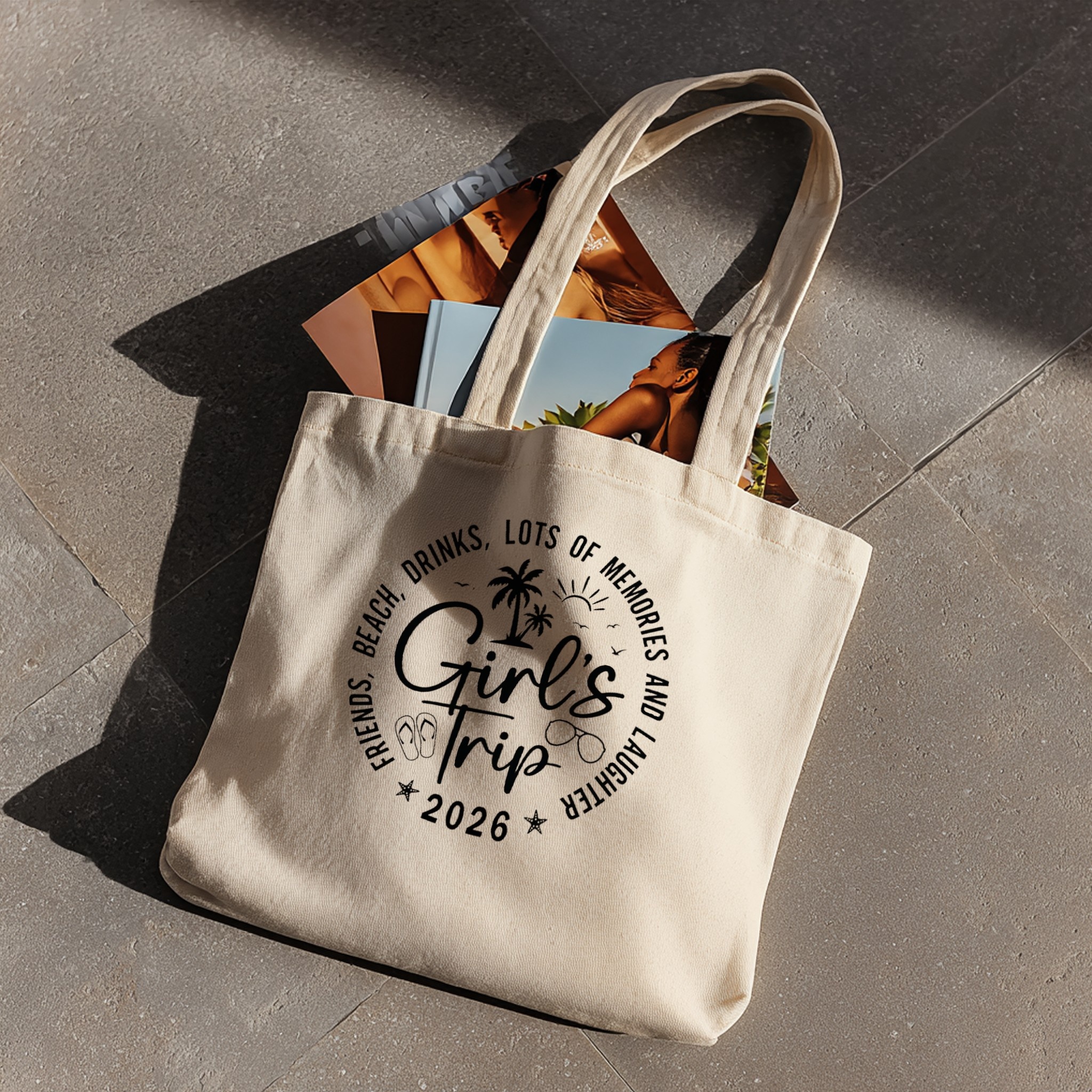 Tote bag with custom design and magazines on floor — mockup example