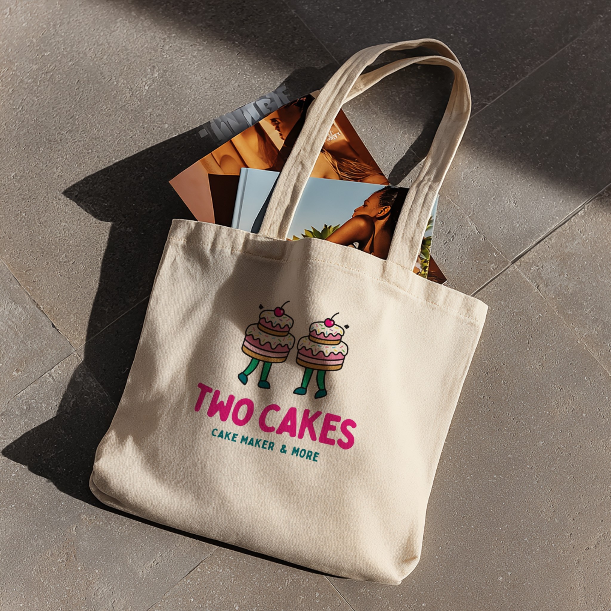 White canvas tote bag on the floor with magazines spilling out — free PSD mockup
