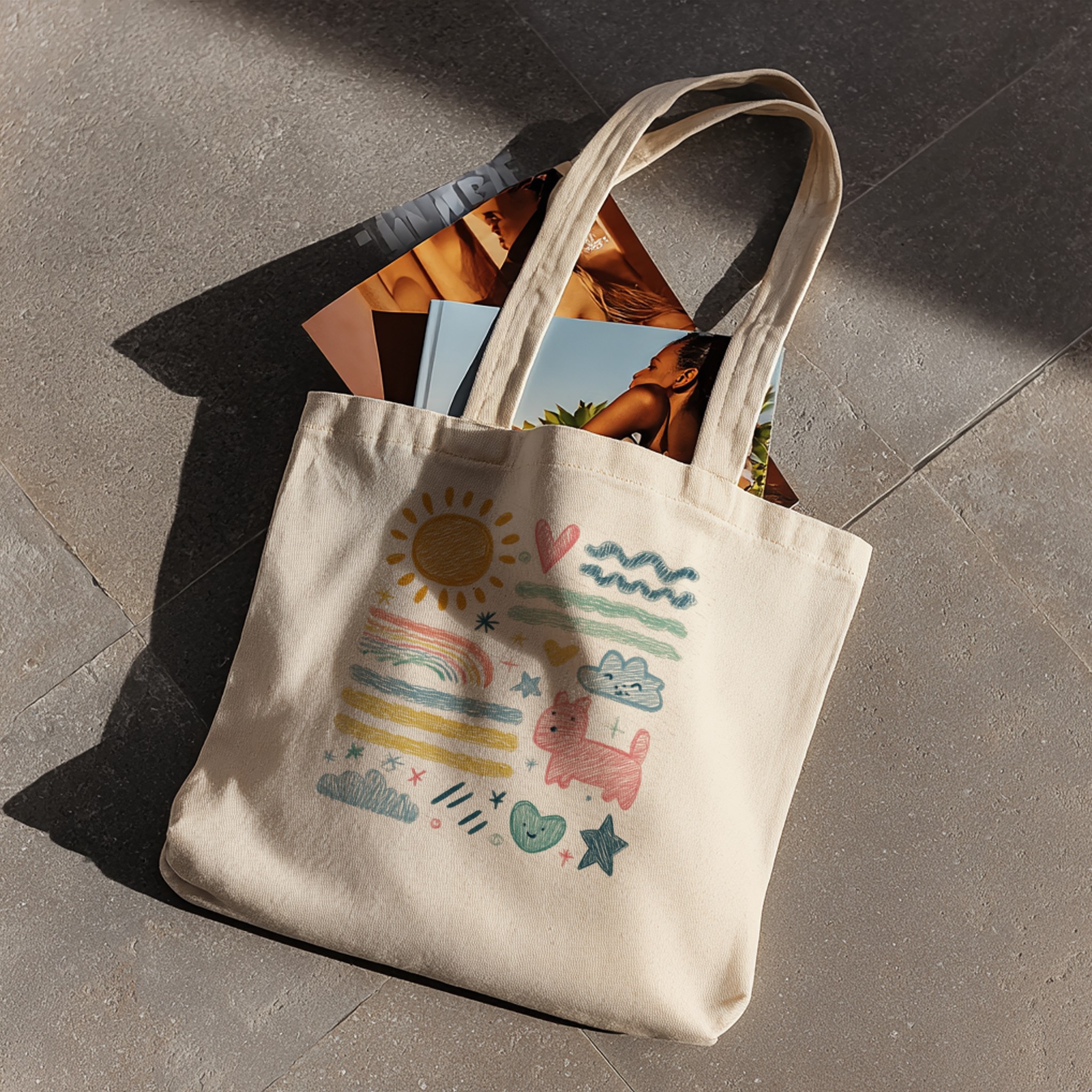 Custom printed tote bag with magazines, editorial lifestyle scene — Scaylr mockup