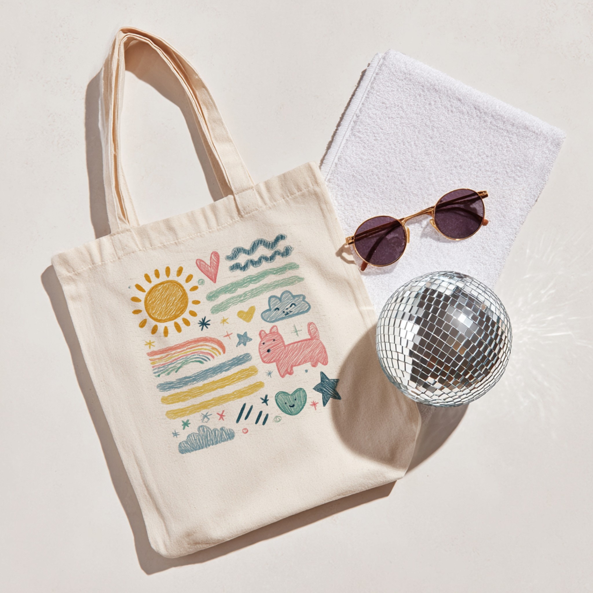 Custom printed tote bag with disco ball, retro party scene — Scaylr mockup