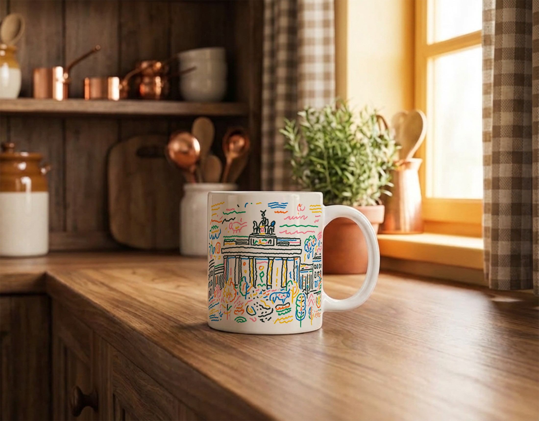 White coffee mug mockup with colorful pattern design in kitchen