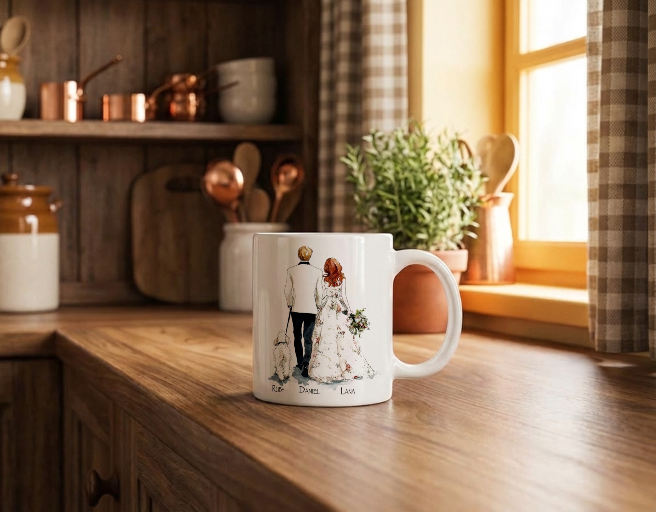 White coffee mug mockup with bold red graphic in bright kitchen
