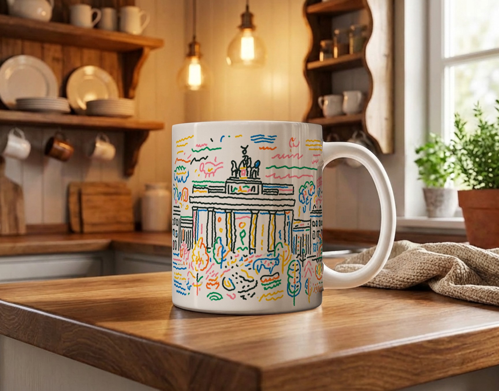 Coffee mug mockup with illustrated pattern on wooden kitchen counter