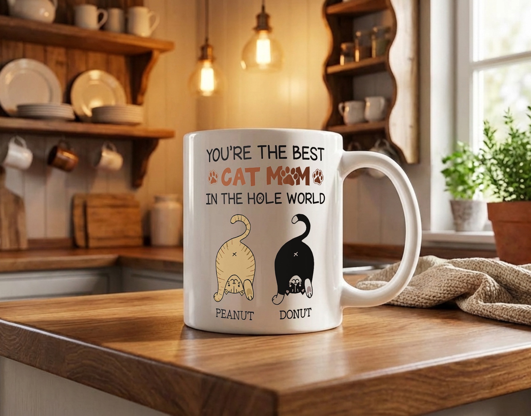 Coffee mug mockup with bold graphic on rustic wooden counter