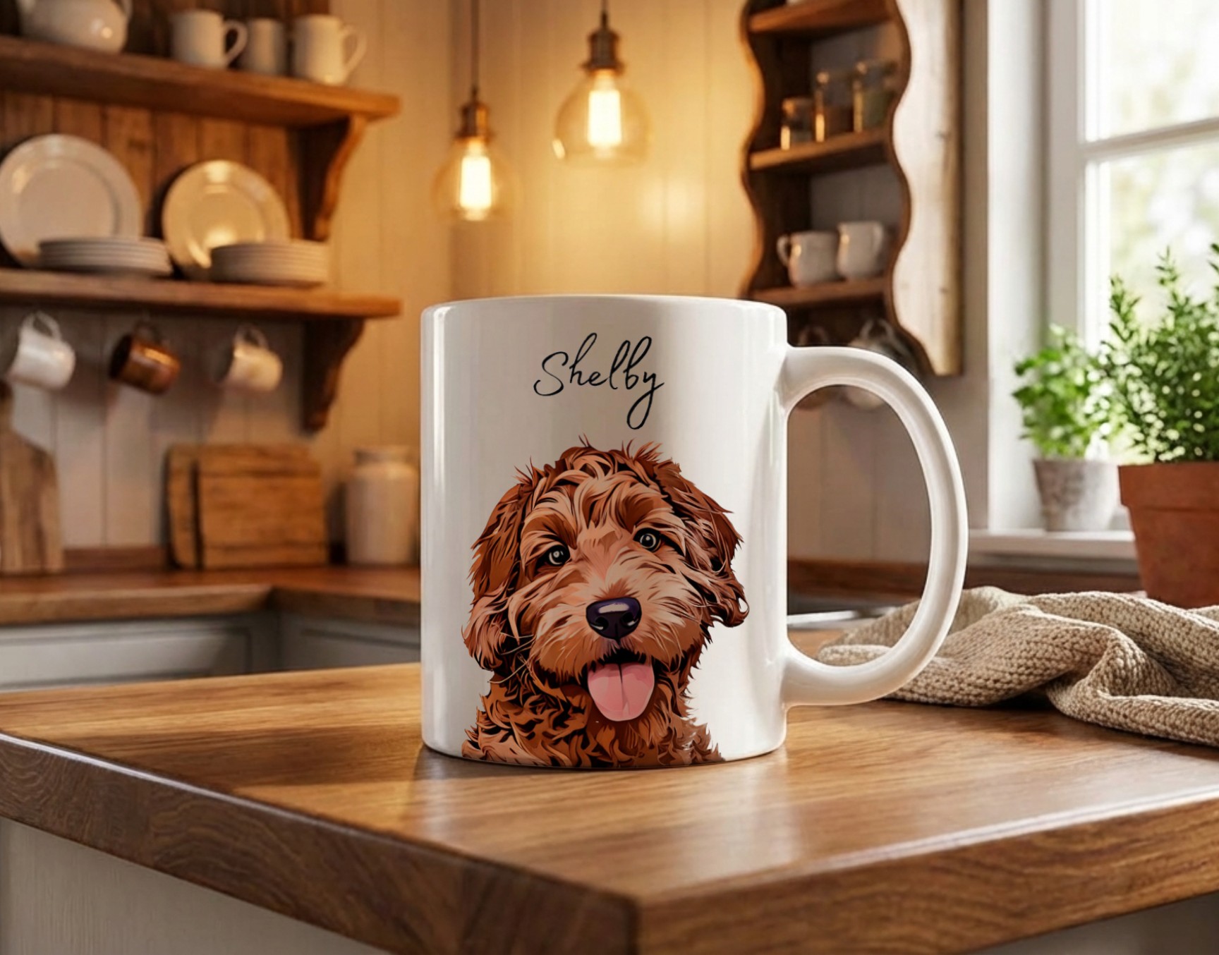 Coffee Mug Mockup on Wooden Kitchen Counter example