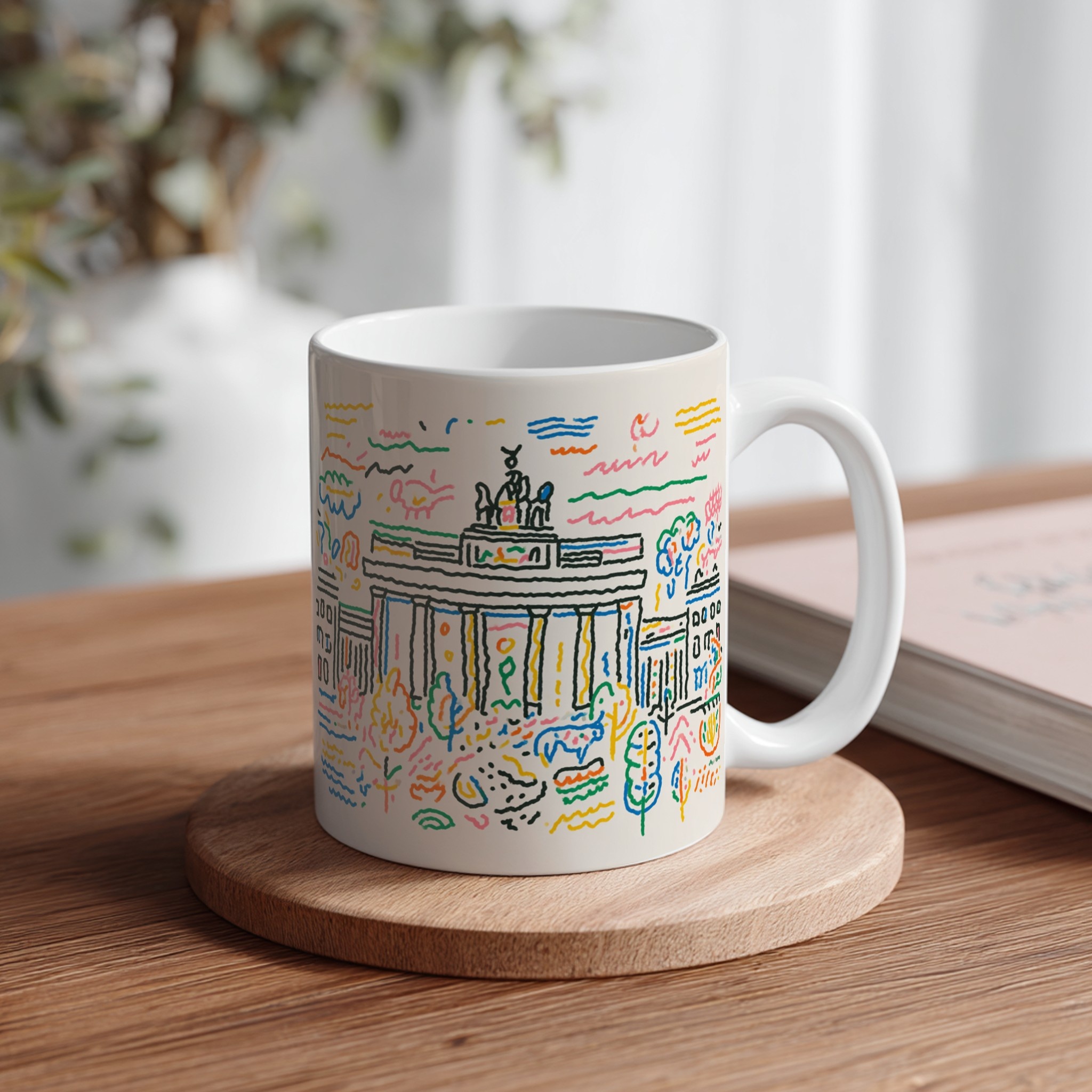 White mug with custom design on wooden desk — mockup example