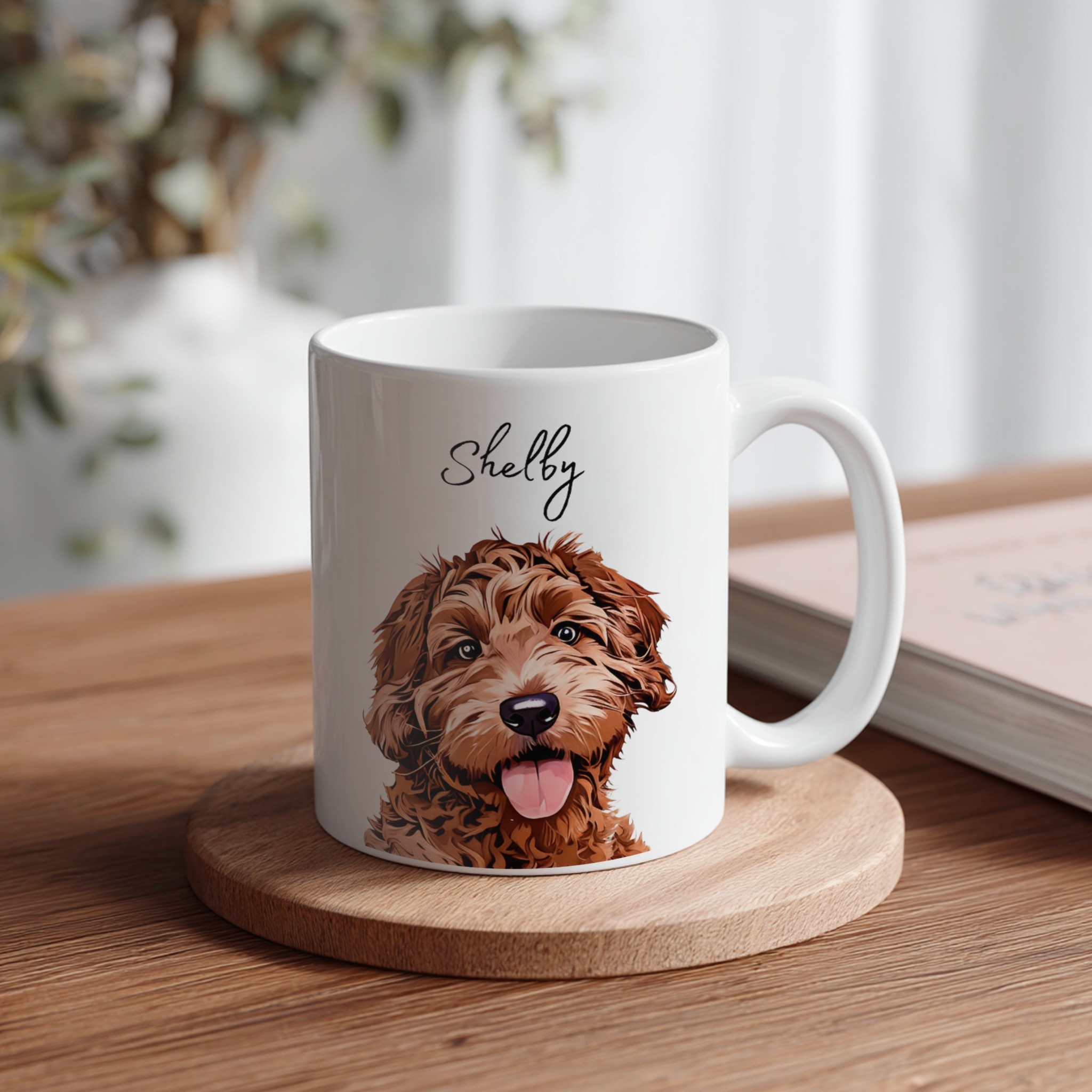 White Mug Mockup on Wooden Desk example