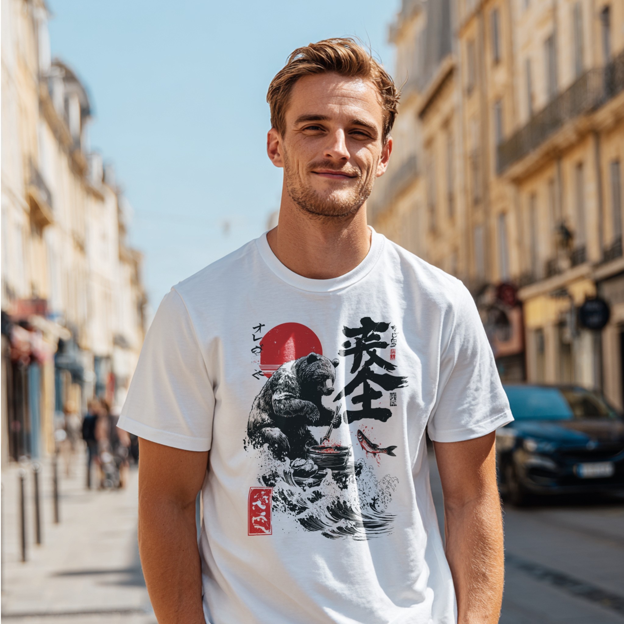 White t-shirt front view mockup on man with bold artwork