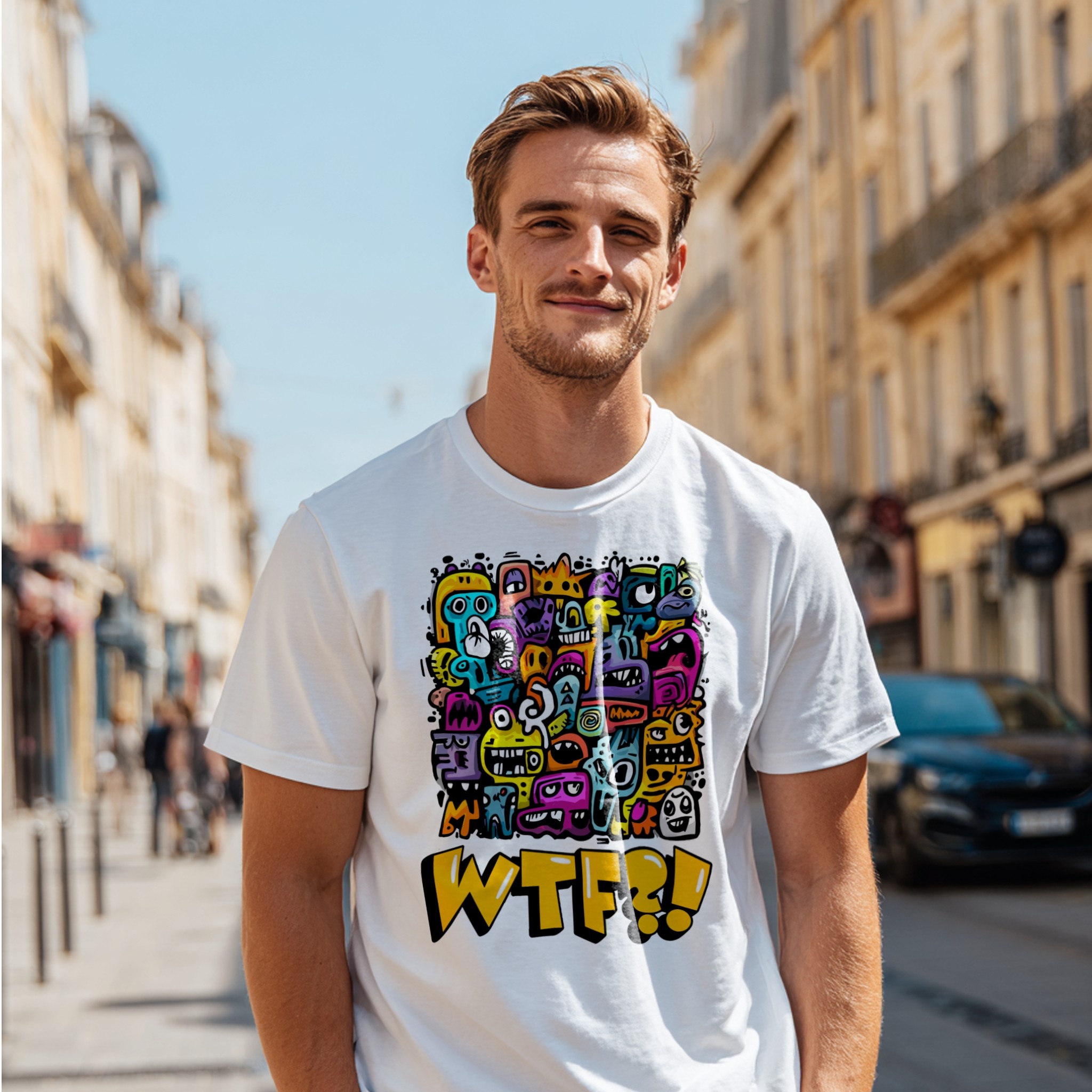 White t-shirt front view mockup on man with graphic print