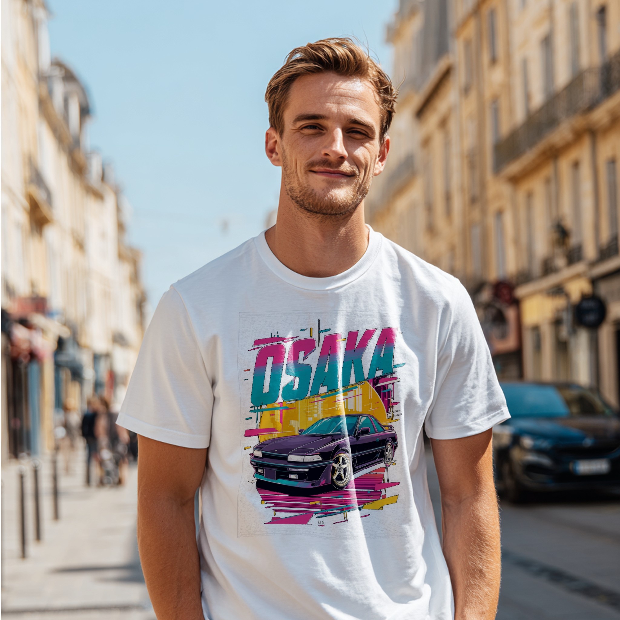 White T-Shirt Mockup Man Street Front View example