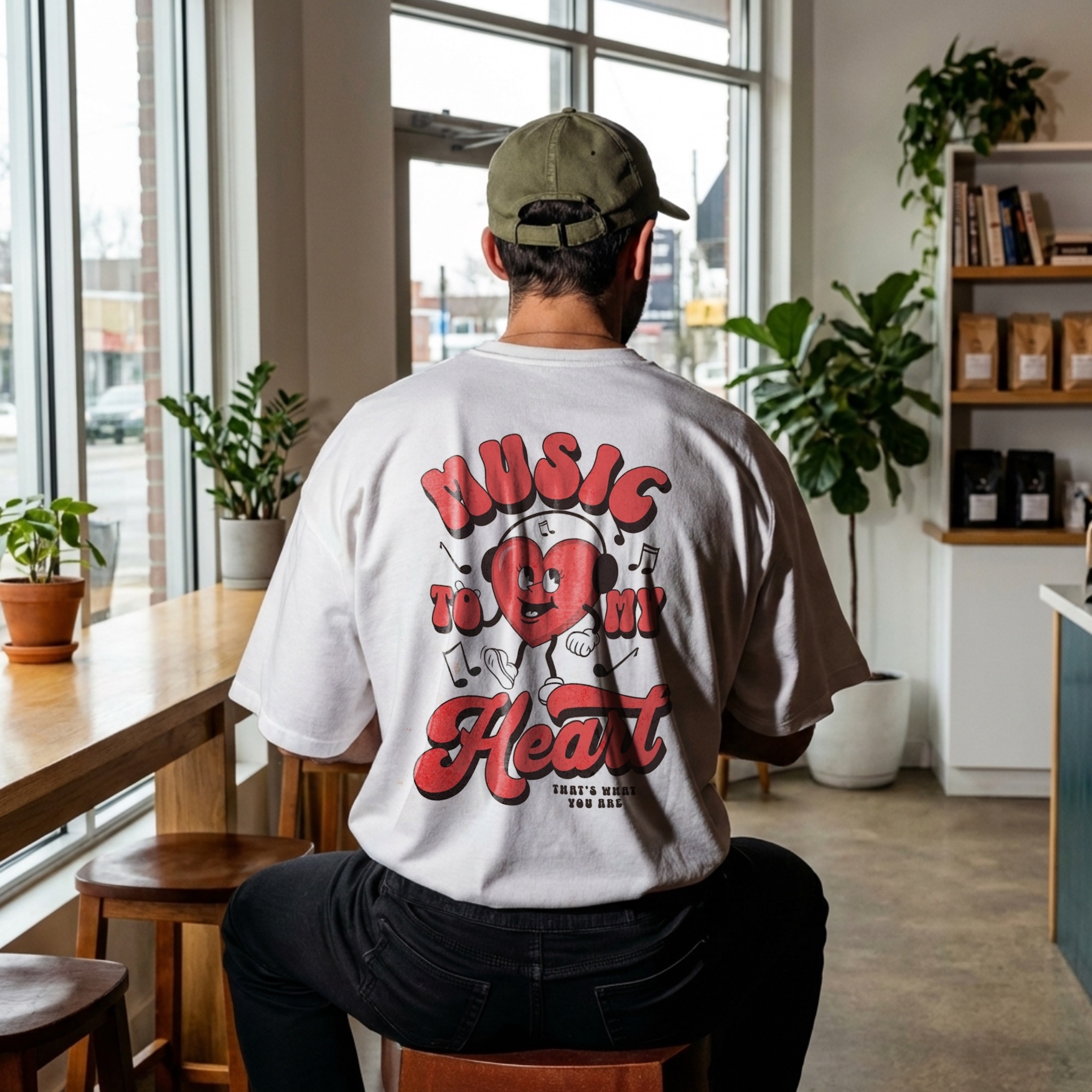 White t-shirt back print mockup with bold typography in cafe setting