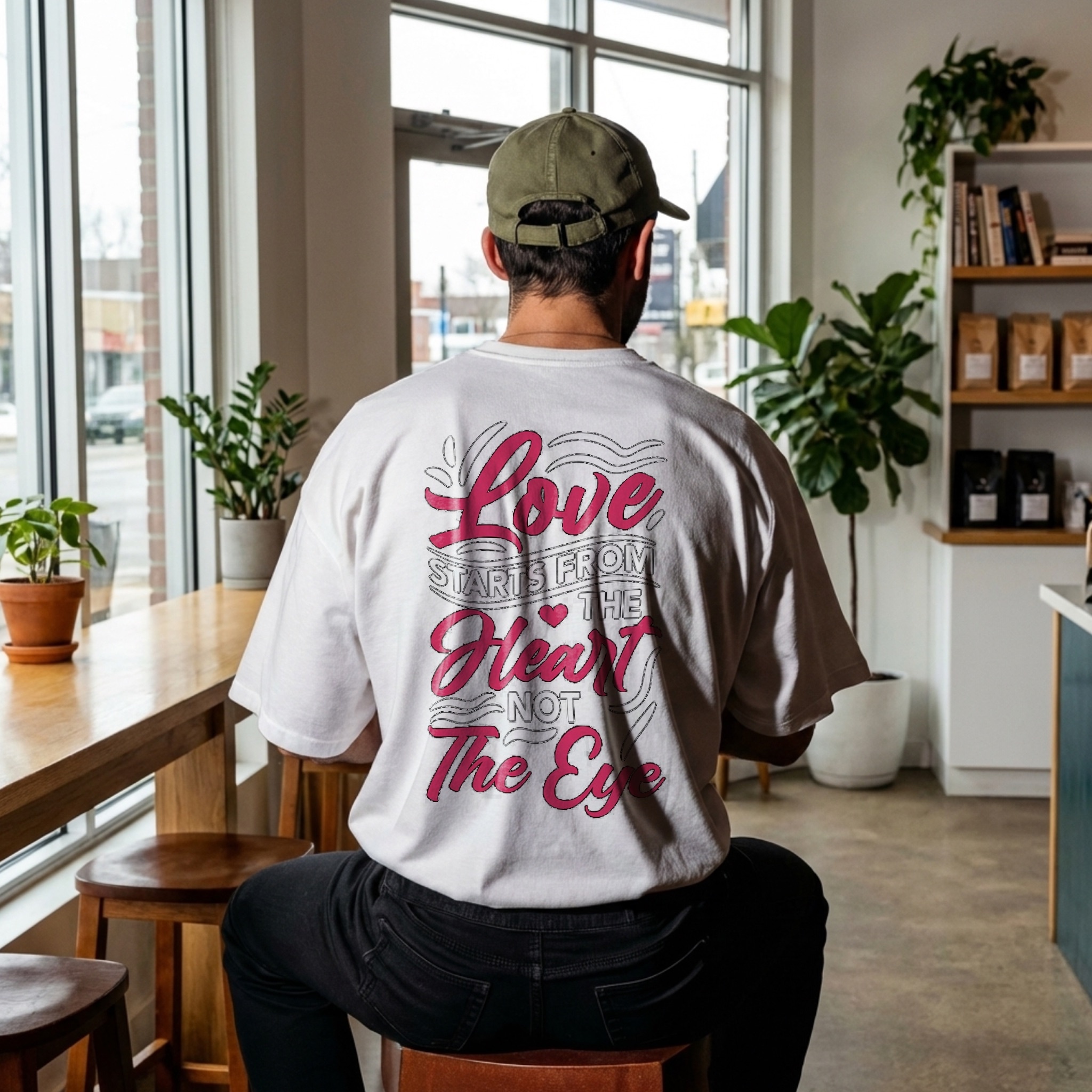 White t-shirt back print mockup with illustrated artwork in coffee shop