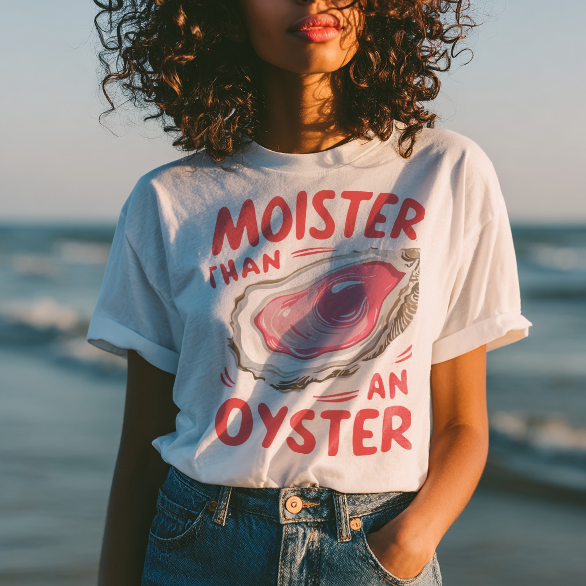 White T-Shirt Mockup Woman at Sunset Seafront example