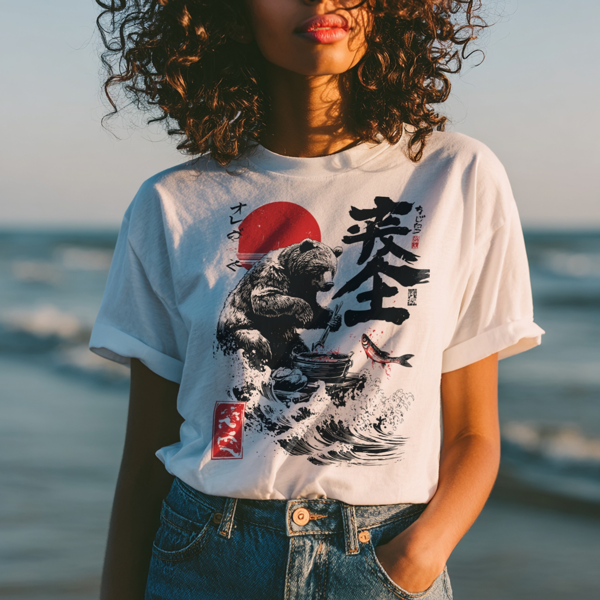 White t-shirt mockup on woman at sunset seafront with artwork