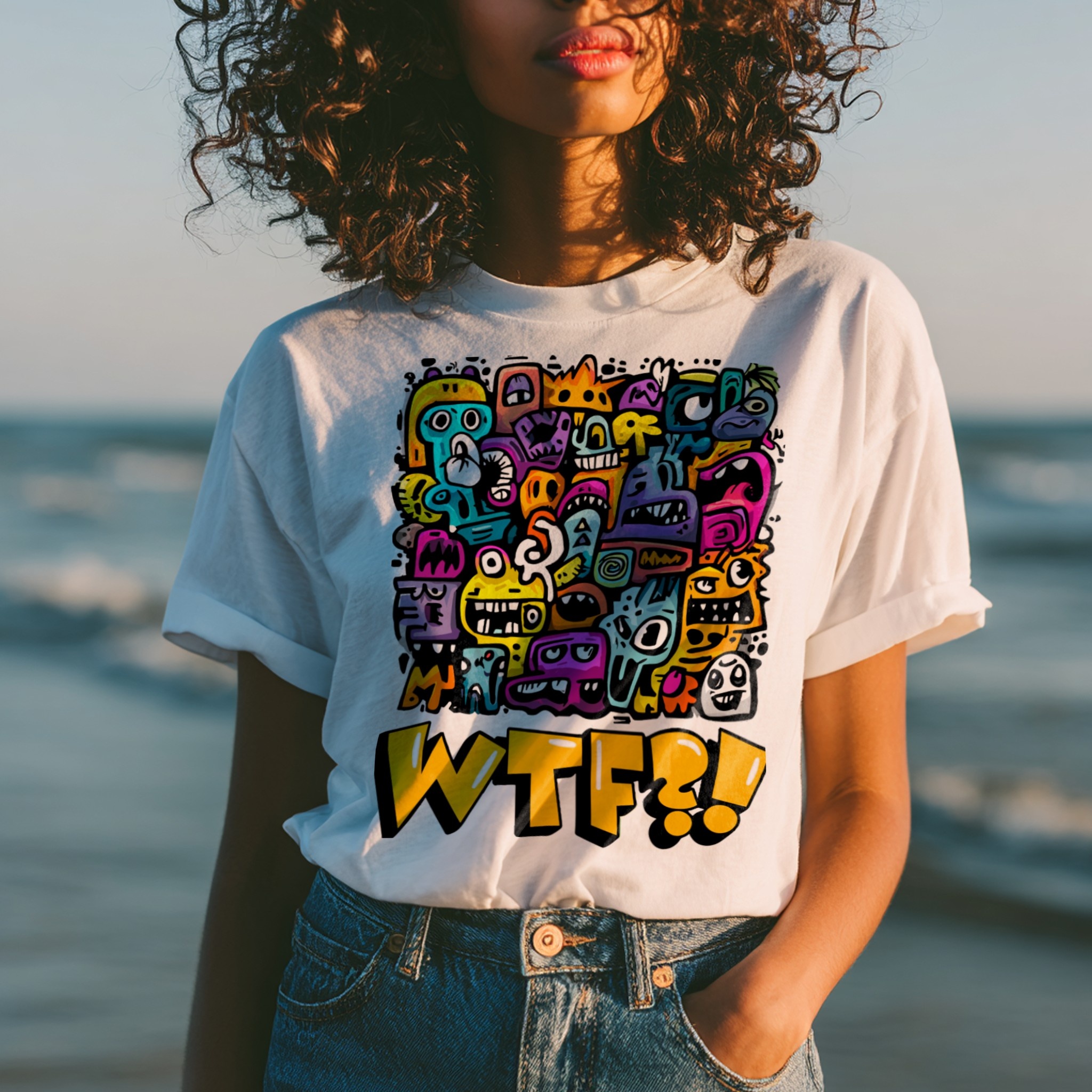 White t-shirt mockup on woman at golden hour with graphic print