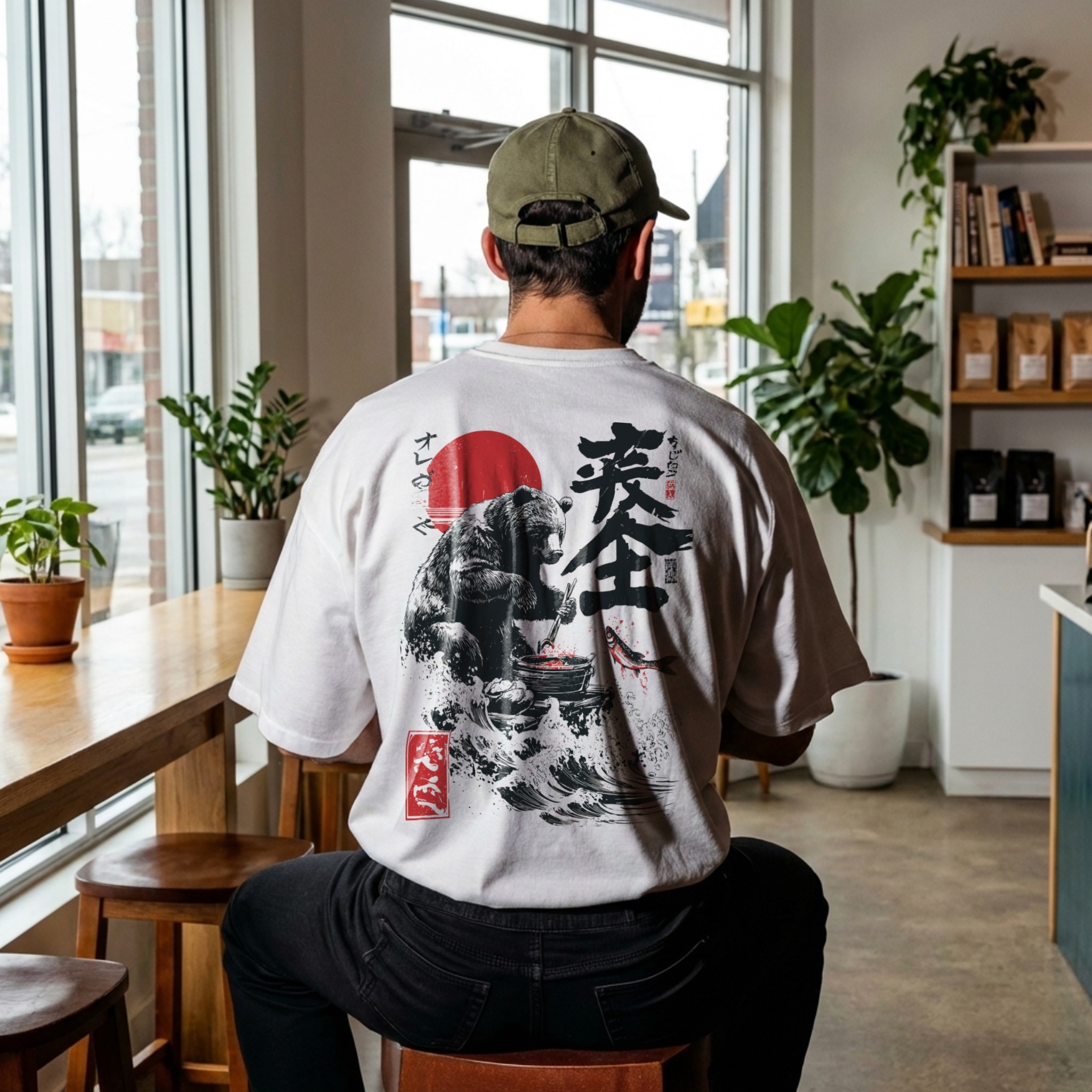 White T-Shirt Mockup Back Print in Coffee Shop example