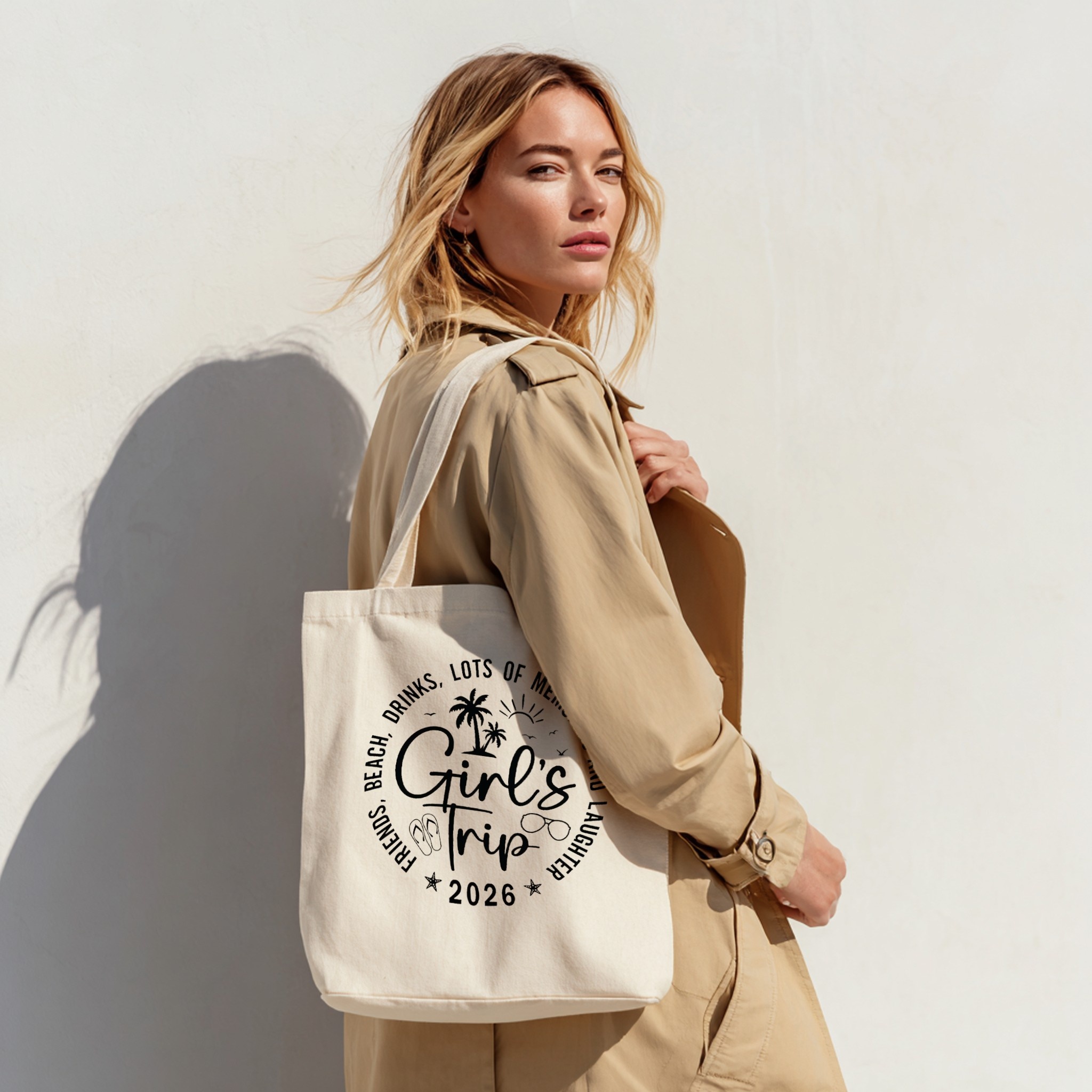 Tote bag with custom design on woman in beige coat — mockup example